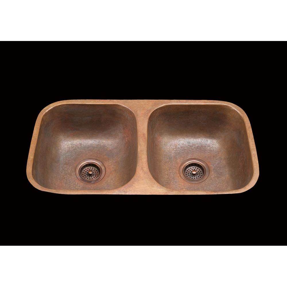 Alno - Bistro, 2 Bowl Kitchen Sink, Plain Pattern, Undermount and Drop In - Weathered Copper