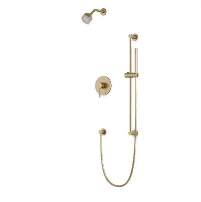 Artos - Round 2-Way Pressure Balance Shower Trim Kit with Multifunction Shower Head and Hand Held Shower on Integrated Slide Bar Satin Brass