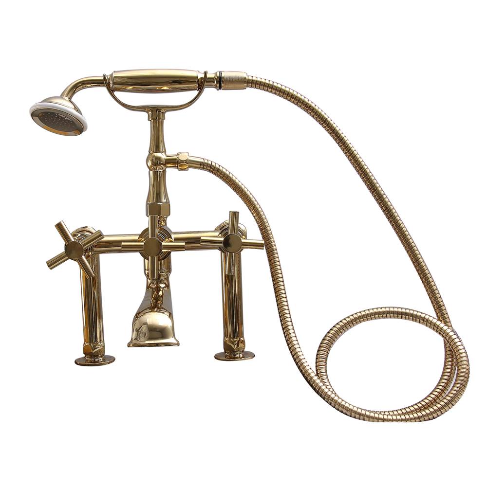 Barclay - Deck Mount Tub Facuet w/ Cros Handles, Hand Shower-PB - Polished Brass