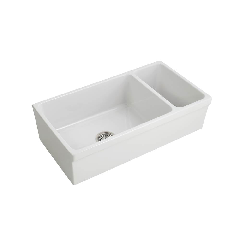 Barclay - Lowell 36'' Dbl Bowl,Small owl Right,Fireclay Apron Front Sink-WH - White