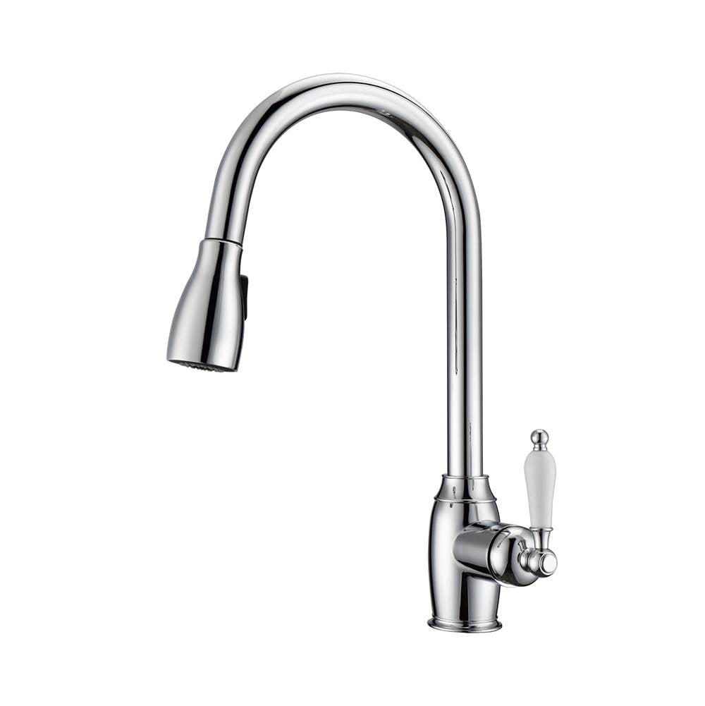 Barclay - Bistro Kitchen Faucet,Pull-Out Spray, Porcelain Handles, CP - Polished Chrome