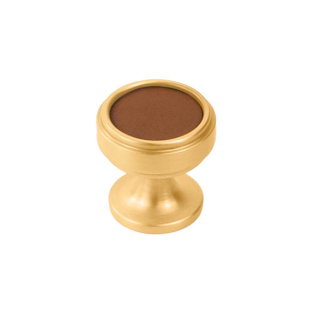 Belwith Keeler - Knob 1-1/4 Inch Diameter - Brushed Golden Brass with Brown Leather