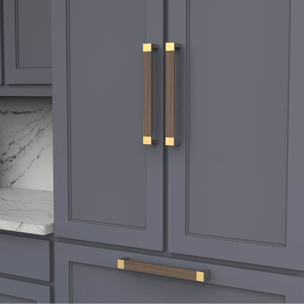 Fuse Collection Appliance Pull 12 Inch Center to Center Brushed Golden Brass with Walnut Finish
