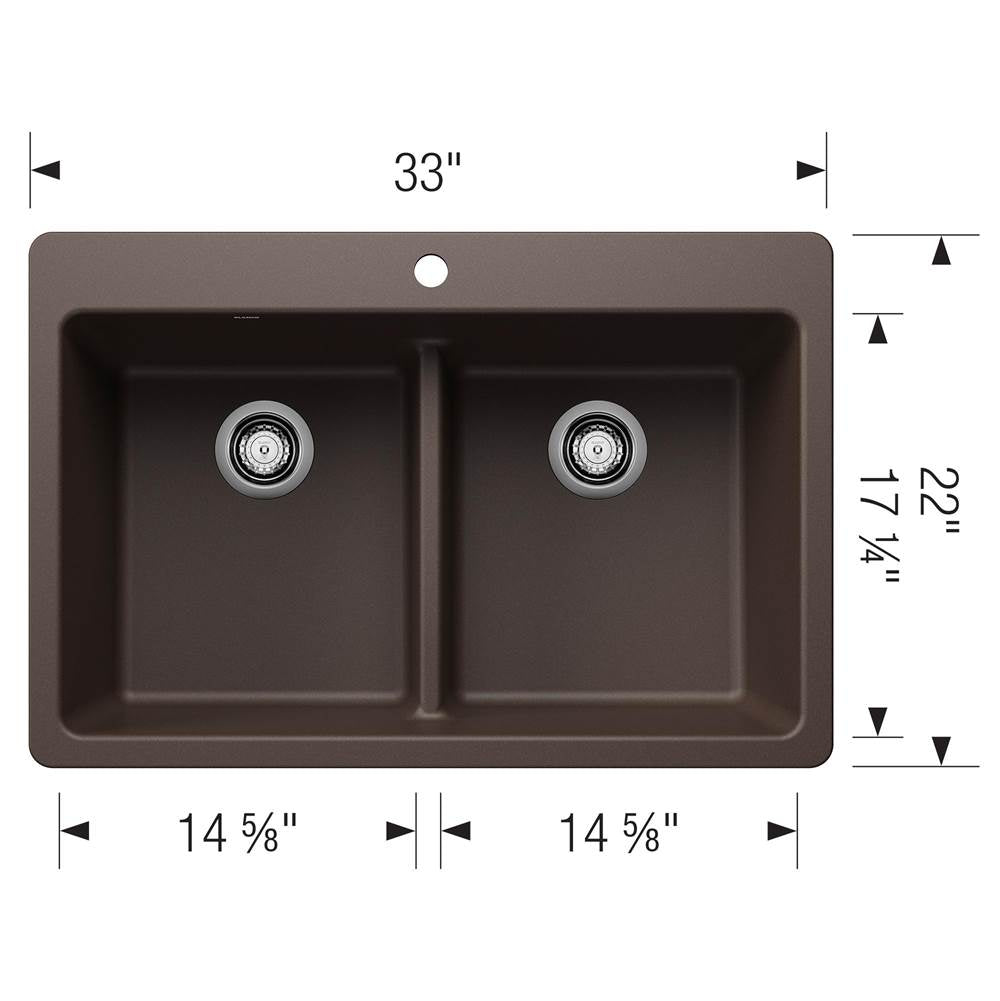 Liven SILGRANIT 33'' 50/50 Double Bowl Dual Mount Kitchen Sink with Low Divide - Coal Black