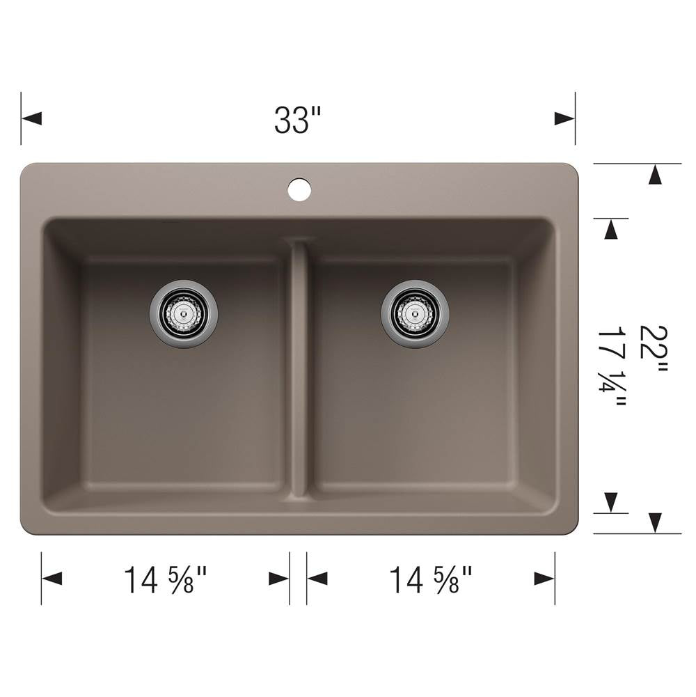 Liven SILGRANIT 33'' 50/50 Double Bowl Dual Mount Kitchen Sink with Low Divide - Coal Black