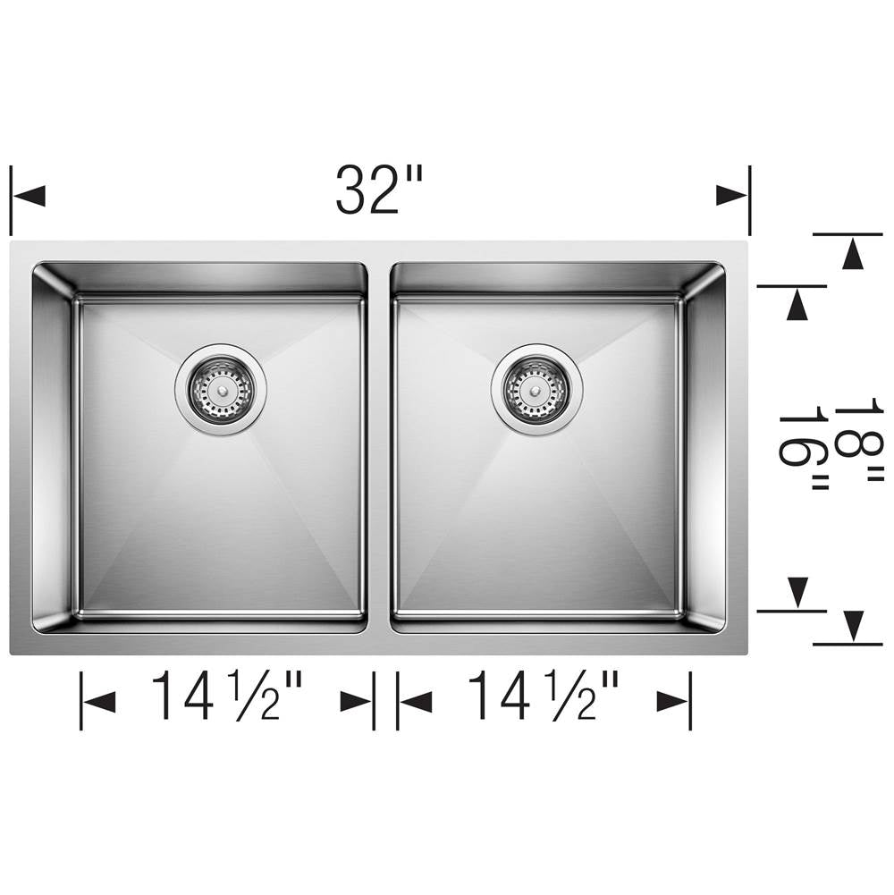 Quatrus R15 32'' 50/50 Double Bowl Undermount Stainless Steel Kitchen Sink