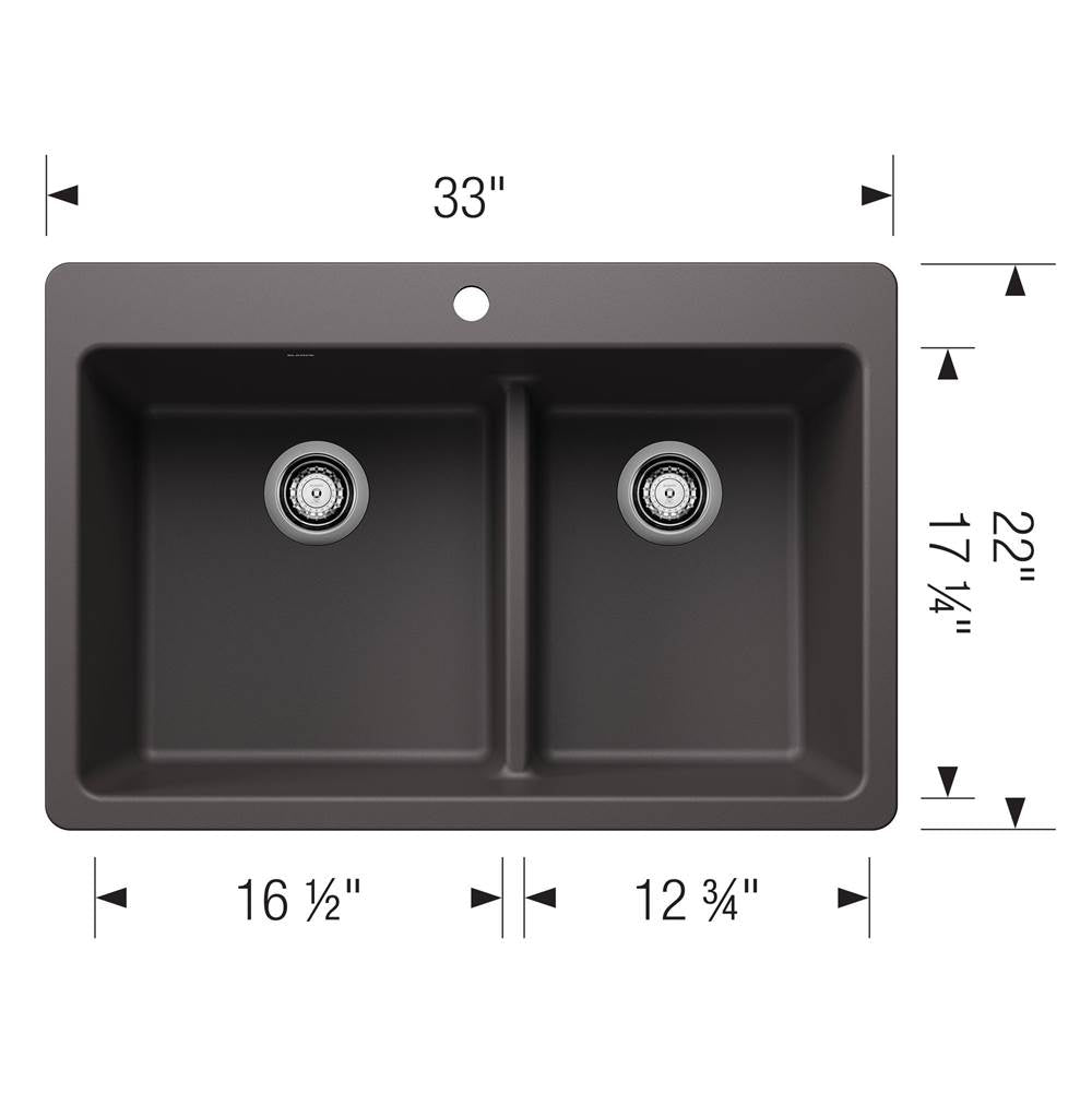 Liven SILGRANIT 33'' 60/40 Double Bowl Dual Mount Kitchen Sink with Low Divide - Coal Black