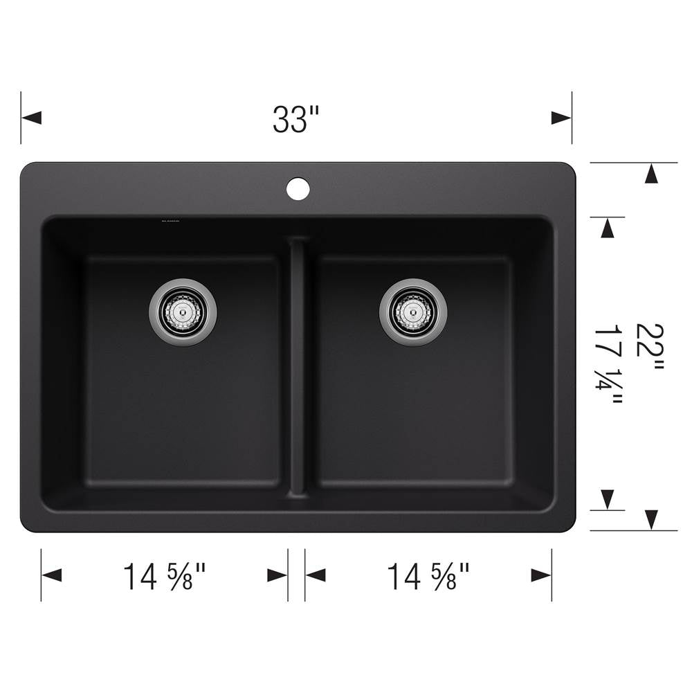 Liven SILGRANIT 33'' 50/50 Double Bowl Dual Mount Kitchen Sink with Low Divide - Coal Black