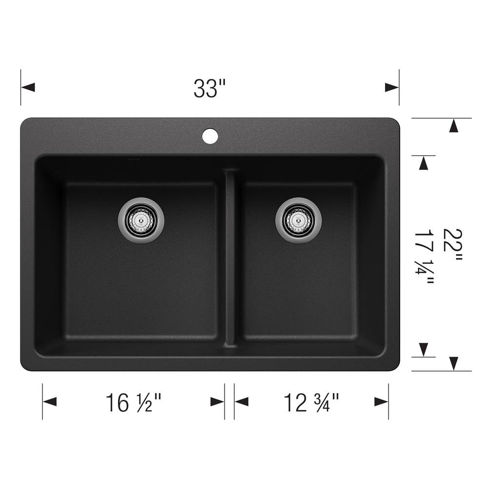 Liven SILGRANIT 33'' 60/40 Double Bowl Dual Mount Kitchen Sink with Low Divide - Coal Black