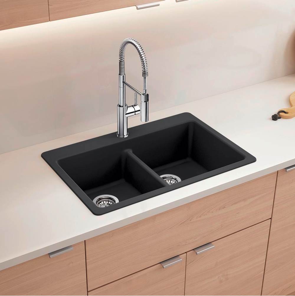 Liven SILGRANIT 33'' 50/50 Double Bowl Dual Mount Kitchen Sink with Low Divide - Coal Black