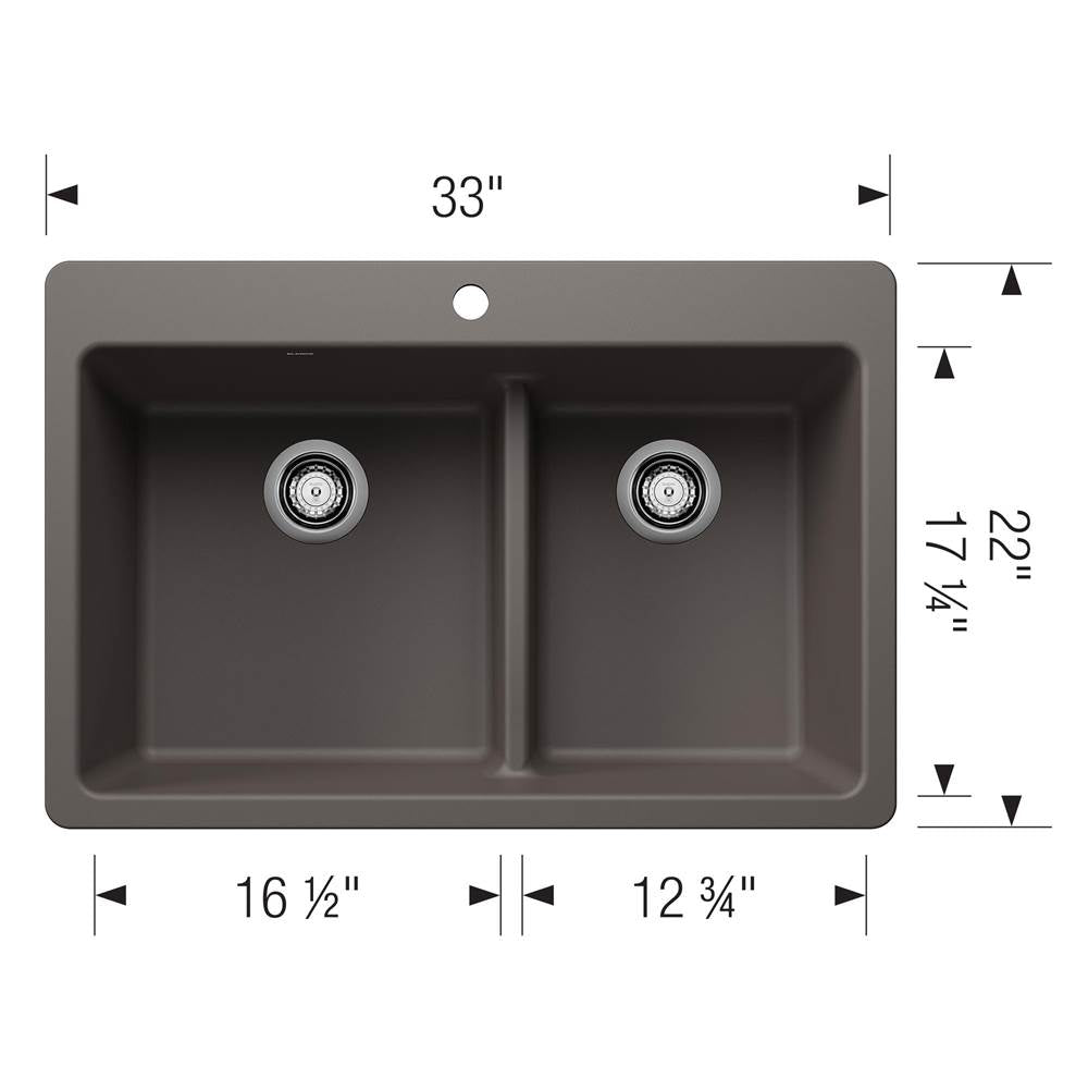 Liven SILGRANIT 33'' 60/40 Double Bowl Dual Mount Kitchen Sink with Low Divide - Coal Black
