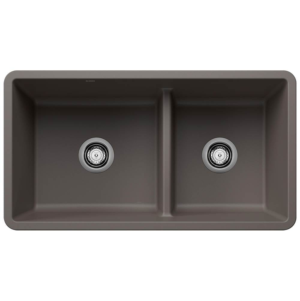 Blanco - Precis SILGRANIT 33'' 60/40 Reversible Double Bowl Undermount Kitchen Sink with Low Divide - Volcano Gray - Volcano Gray