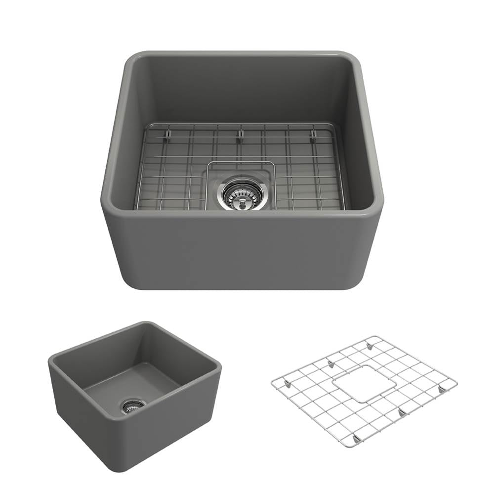 BOCCHI - Classico Farmhouse Apron Front Fireclay 20 in. Single Bowl Kitchen Sink with Protective Bottom Grid and Strainer in Matte Gray - Matte Gray