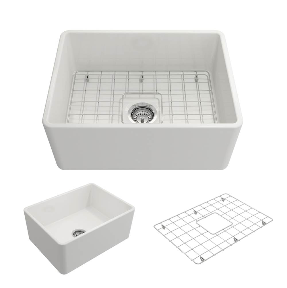 BOCCHI - Classico Farmhouse Apron Front Fireclay 24 in. Single Bowl Kitchen Sink with Protective Bottom Grid and Strainer in White - White