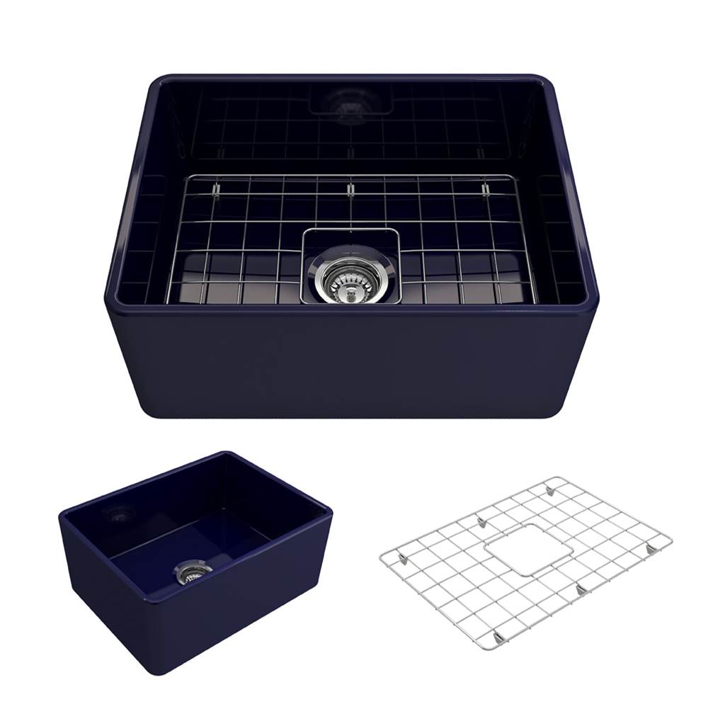 BOCCHI - Classico Farmhouse Apron Front Fireclay 24 in. Single Bowl Kitchen Sink with Protective Bottom Grid and Strainer in Sapphire Blue - Sapphire Blue