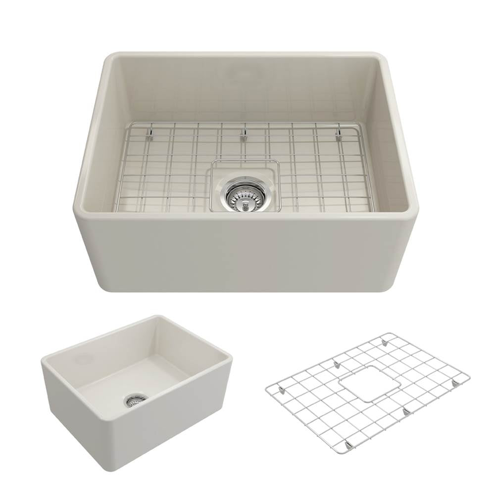 BOCCHI - Classico Farmhouse Apron Front Fireclay 24 in. Single Bowl Kitchen Sink with Protective Bottom Grid and Strainer in Biscuit - Biscuit