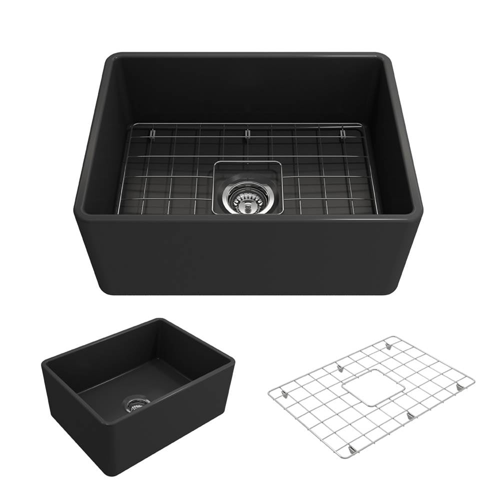 BOCCHI - Classico Farmhouse Apron Front Fireclay 24 in. Single Bowl Kitchen Sink with Protective Bottom Grid and Strainer in Matte Dark Gray - Matte Dark Gray