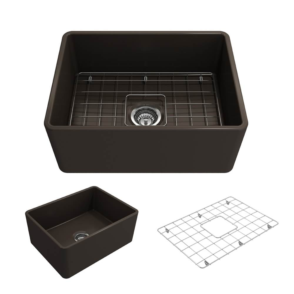 BOCCHI - Classico Farmhouse Apron Front Fireclay 24 in. Single Bowl Kitchen Sink with Protective Bottom Grid and Strainer in Matte Brown - Matte Brown