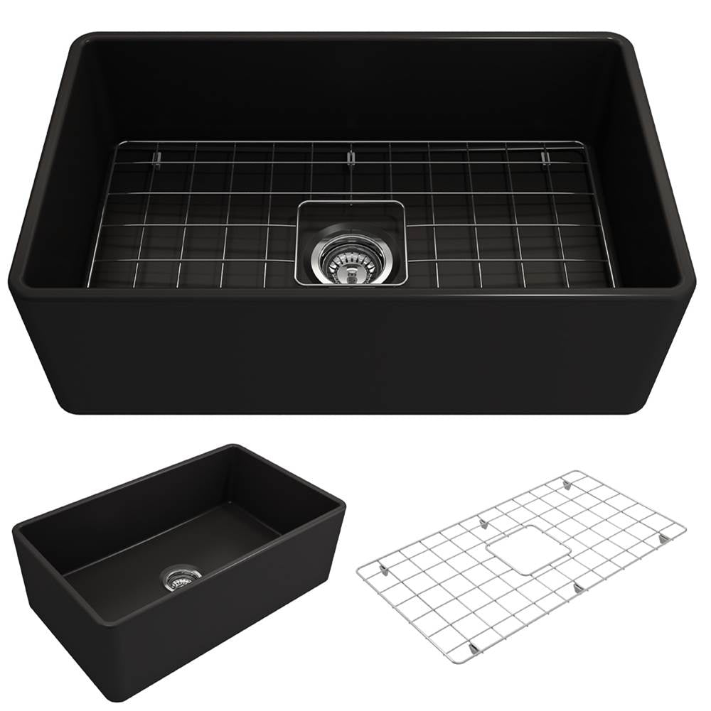 BOCCHI - Classico Farmhouse Apron Front Fireclay 30 in. Single Bowl Kitchen Sink with Protective Bottom Grid and Strainer in Matte Black - Matte Black