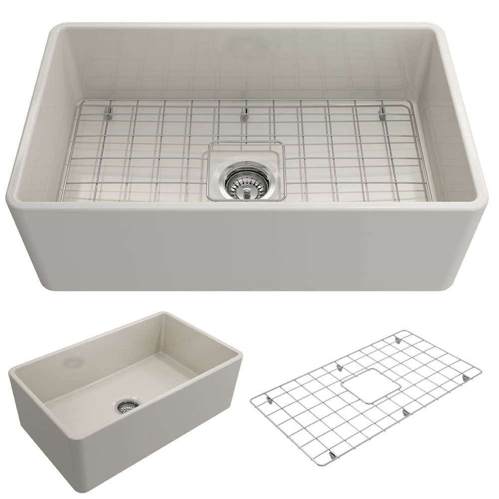 BOCCHI - Classico Farmhouse Apron Front Fireclay 30 in. Single Bowl Kitchen Sink with Protective Bottom Grid and Strainer in Biscuit - Biscuit