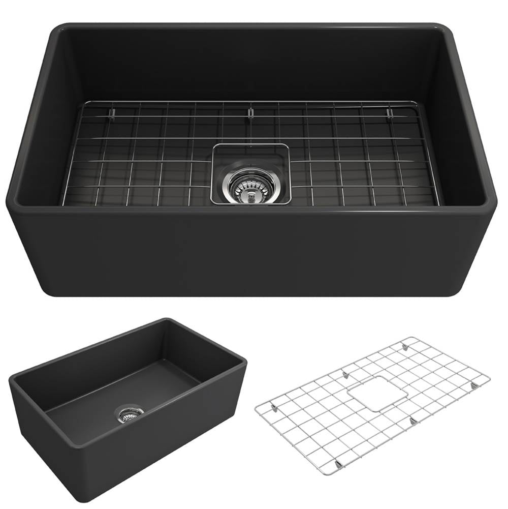 BOCCHI - Classico Farmhouse Apron Front Fireclay 30 in. Single Bowl Kitchen Sink with Protective Bottom Grid and Strainer in Matte Dark Gray - Matte Dark Gray