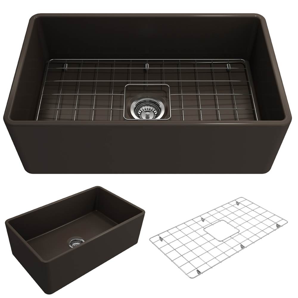 BOCCHI - Classico Farmhouse Apron Front Fireclay 30 in. Single Bowl Kitchen Sink with Protective Bottom Grid and Strainer in Matte Brown - Matte Brown