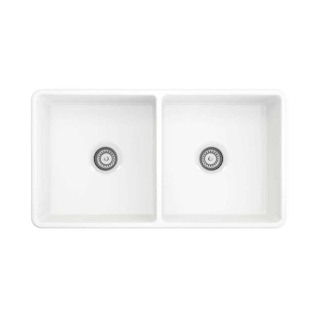 Classico Farmhouse Apron Front Fireclay 33 in. Double Bowl Kitchen Sink with Protective Bottom Grids and Strainers in White
