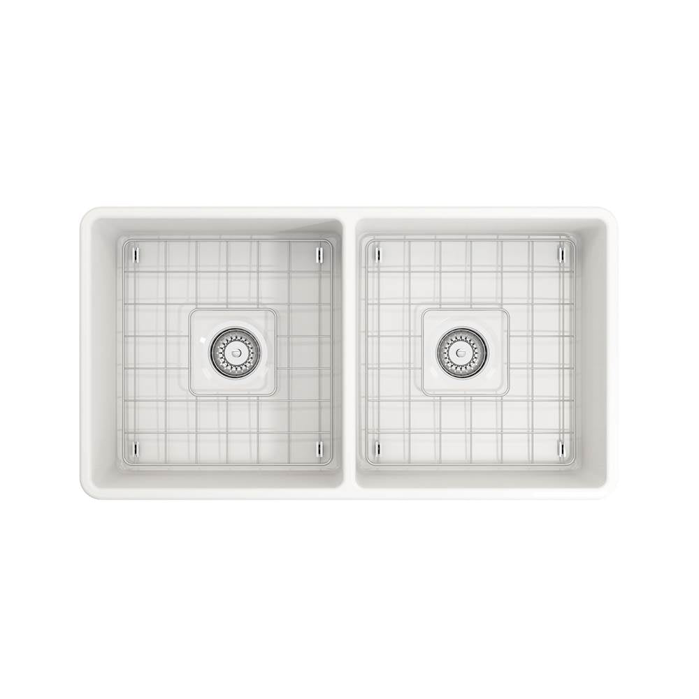 Classico Farmhouse Apron Front Fireclay 33 in. Double Bowl Kitchen Sink with Protective Bottom Grids and Strainers in White