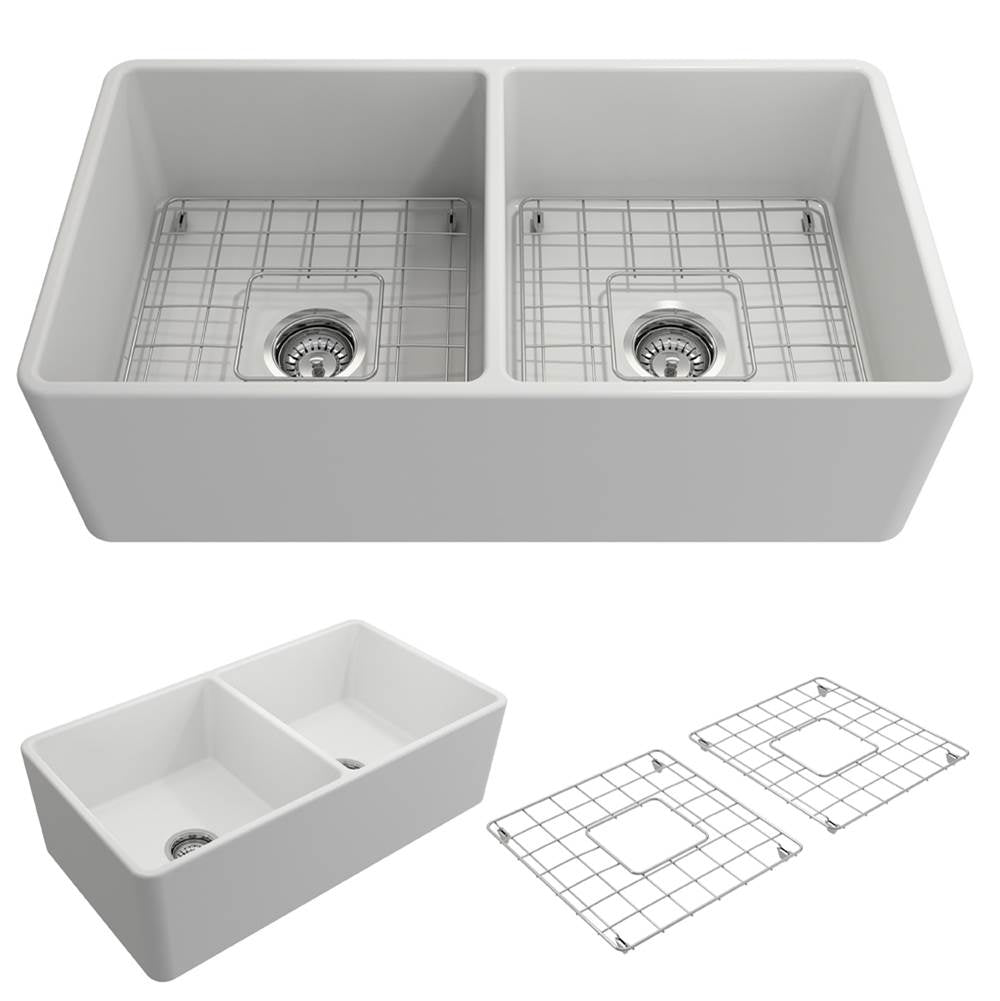 BOCCHI - Classico Farmhouse Apron Front Fireclay 33 in. Double Bowl Kitchen Sink with Protective Bottom Grids and Strainers in Matte White - Matte White
