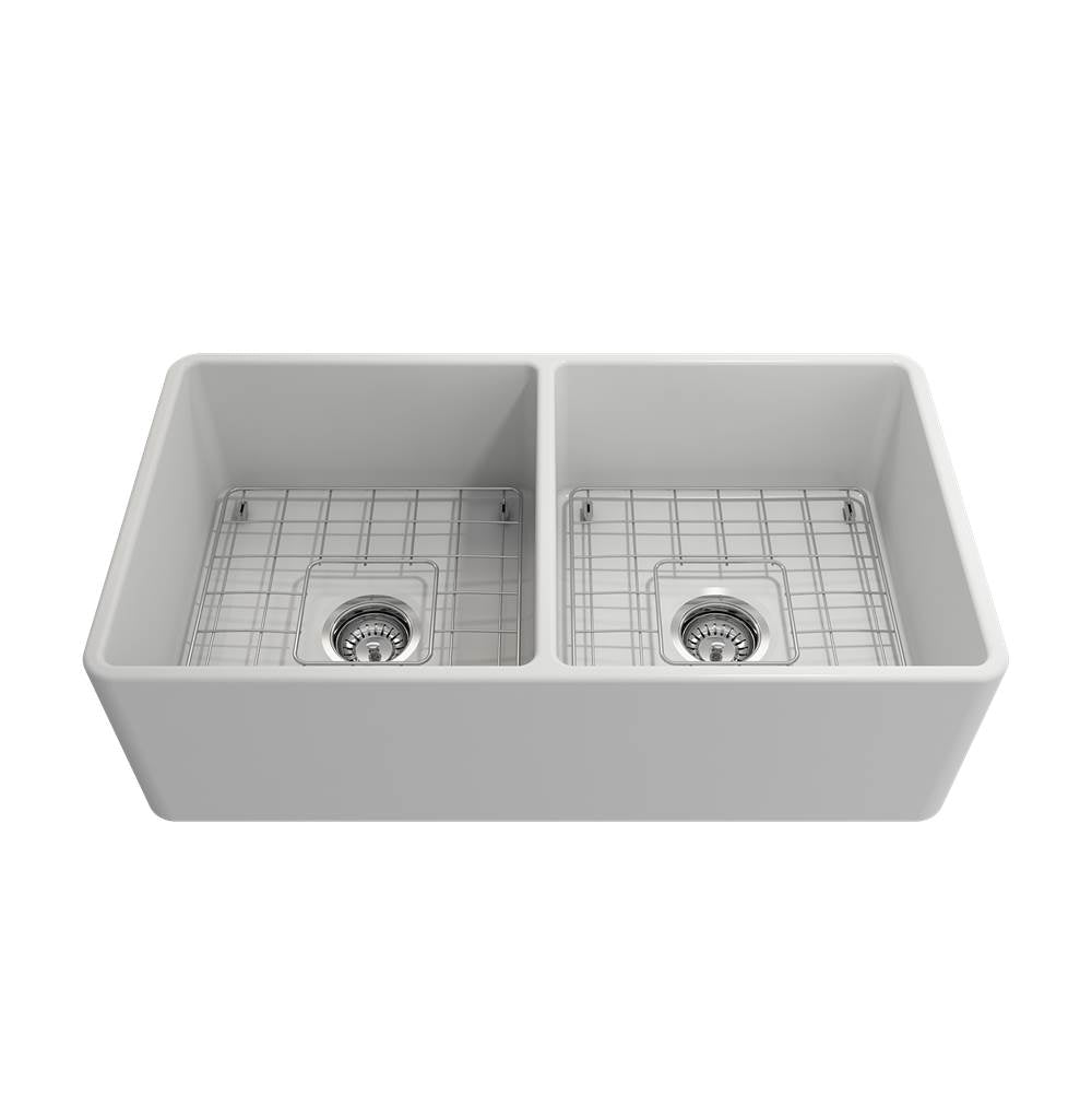 Classico Farmhouse Apron Front Fireclay 33 in. Double Bowl Kitchen Sink with Protective Bottom Grids and Strainers in White