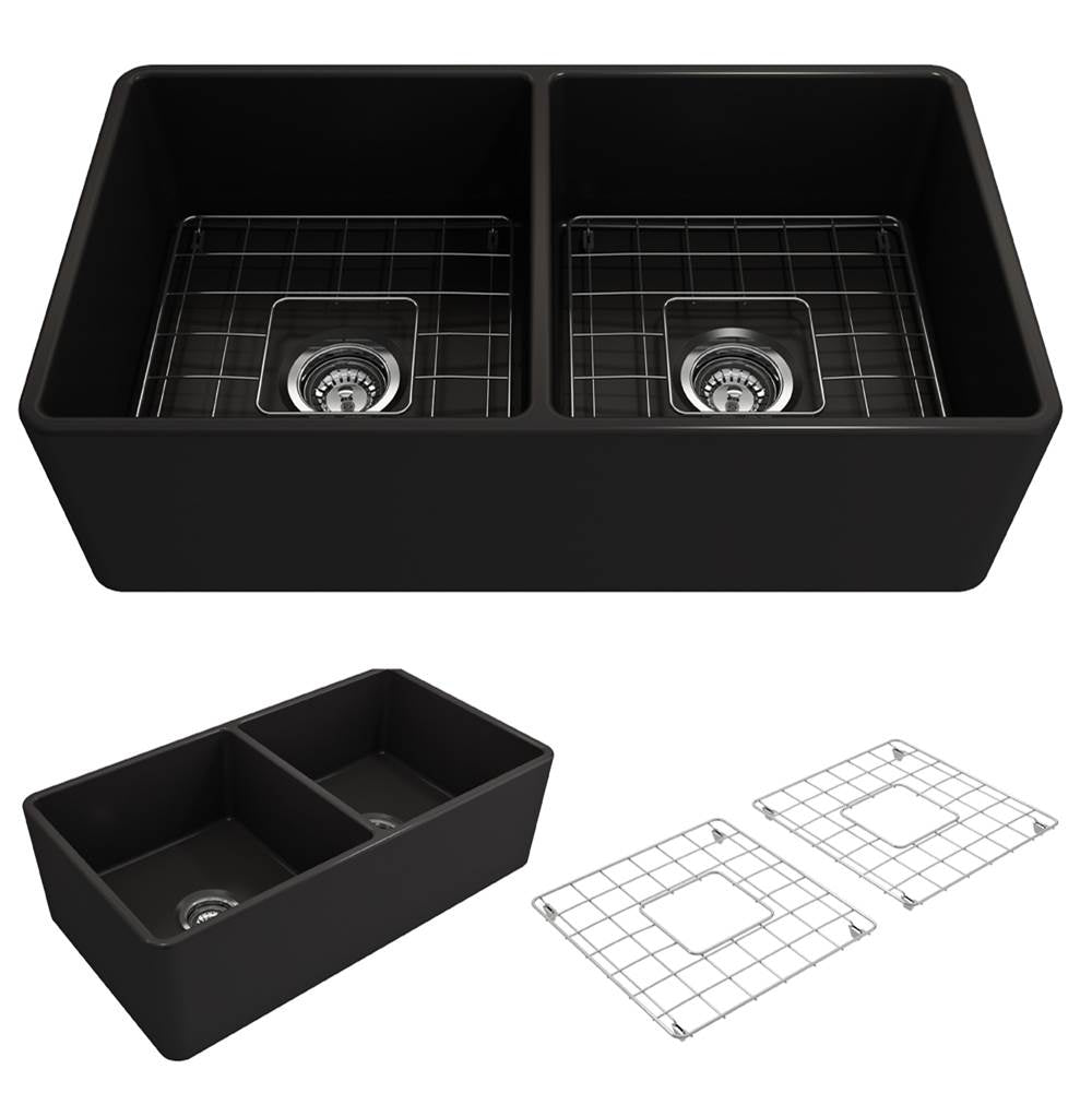 BOCCHI - Classico Farmhouse Apron Front Fireclay 33 in. Double Bowl Kitchen Sink with Protective Bottom Grids and Strainers in Matte Black - Matte Black