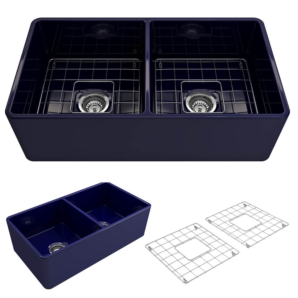 BOCCHI - Classico Farmhouse Apron Front Fireclay 33 in. Double Bowl Kitchen Sink with Protective Bottom Grids and Strainers in Sapphire Blue - Sapphire Blue