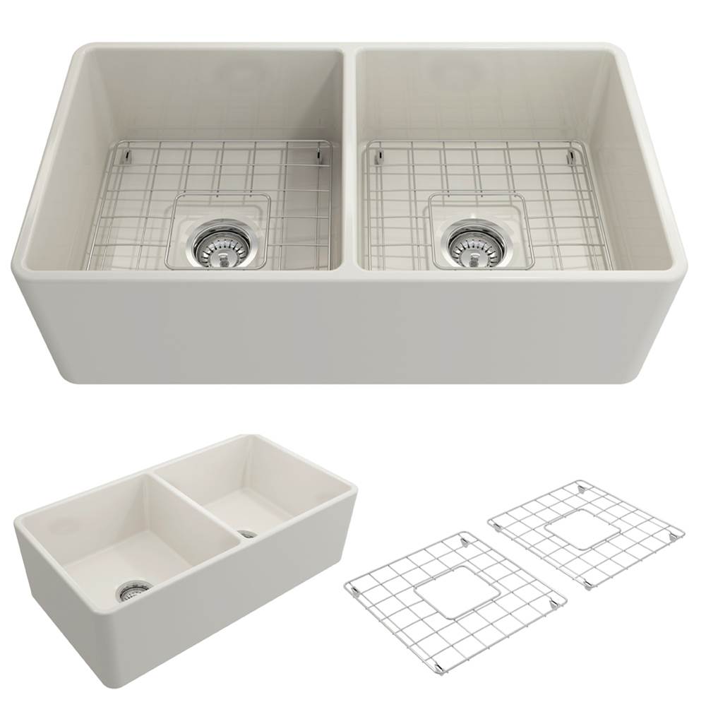 BOCCHI - Classico Farmhouse Apron Front Fireclay 33 in. Double Bowl Kitchen Sink with Protective Bottom Grids and Strainers in Biscuit - Biscuit