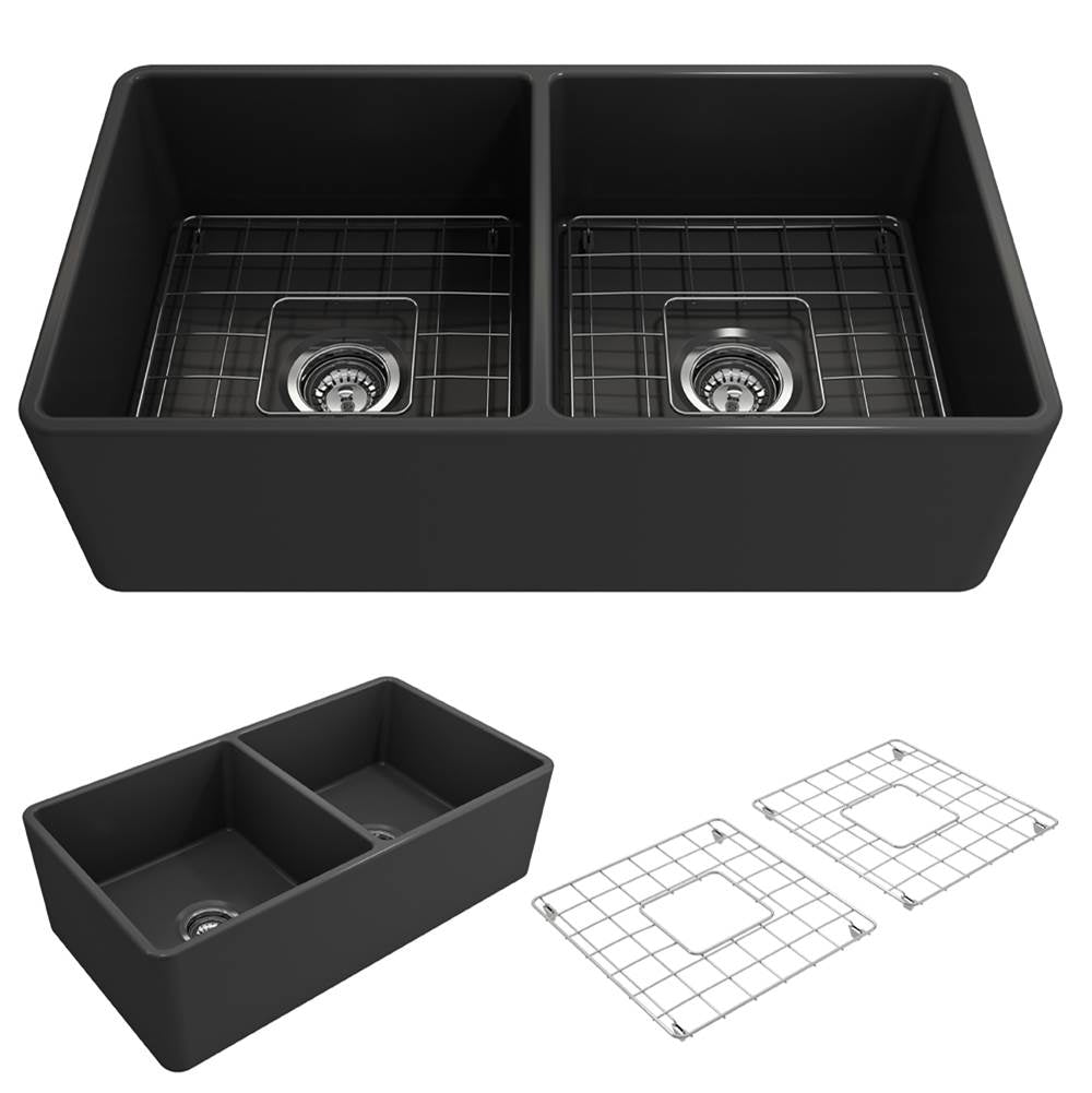 BOCCHI - Classico Farmhouse Apron Front Fireclay 33 in. Double Bowl Kitchen Sink with Protective Bottom Grids and Strainers in Matte Dark Gray - Matte Dark Gray