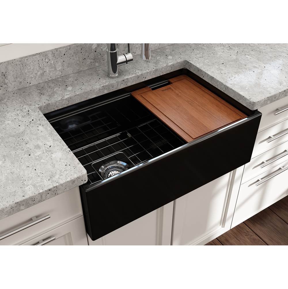 Contempo Step-Rim Apron Front Fireclay 30 in. Single Bowl Kitchen Sink with Integrated Work Station & Accessories in White