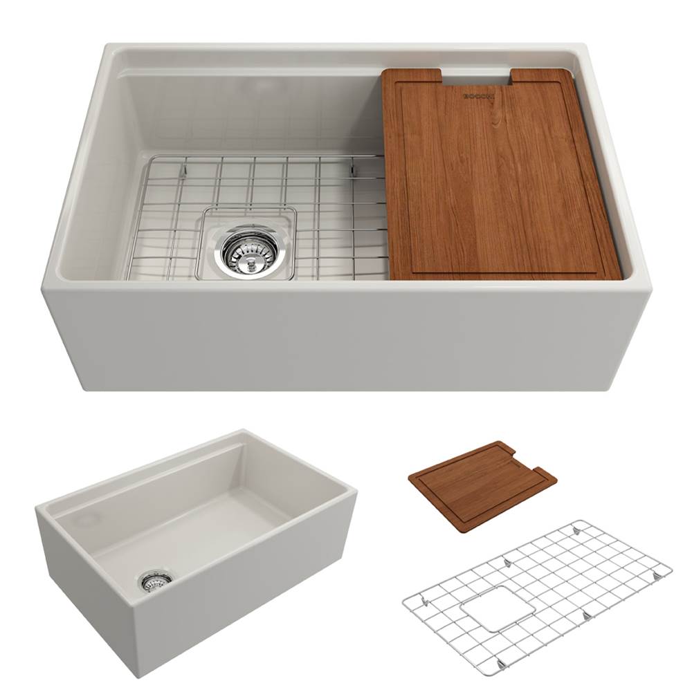 BOCCHI - Contempo Step-Rim Apron Front Fireclay 30 in. Single Bowl Kitchen Sink with Integrated Work Station & Accessories in Biscuit - Biscuit