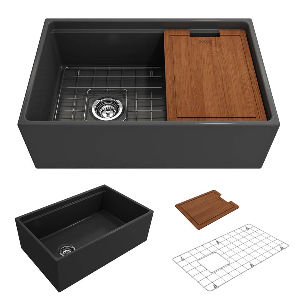 BOCCHI - Contempo Step-Rim Apron Front Fireclay 30 in. Single Bowl Kitchen Sink with Integrated Work Station & Accessories in Matte Dark Gray - Matte Dark Gray