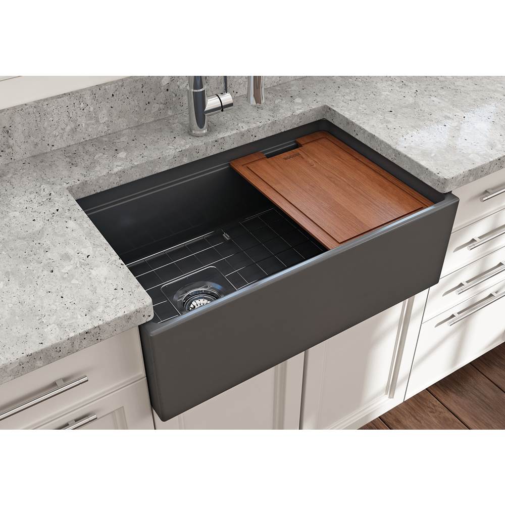 Contempo Step-Rim Apron Front Fireclay 30 in. Single Bowl Kitchen Sink with Integrated Work Station & Accessories in White