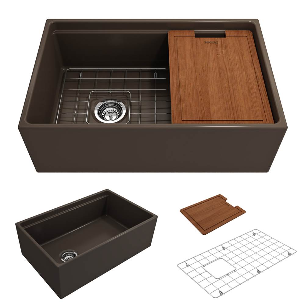 BOCCHI - Contempo Step-Rim Apron Front Fireclay 30 in. Single Bowl Kitchen Sink with Integrated Work Station & Accessories in Matte Brown - Matte Brown