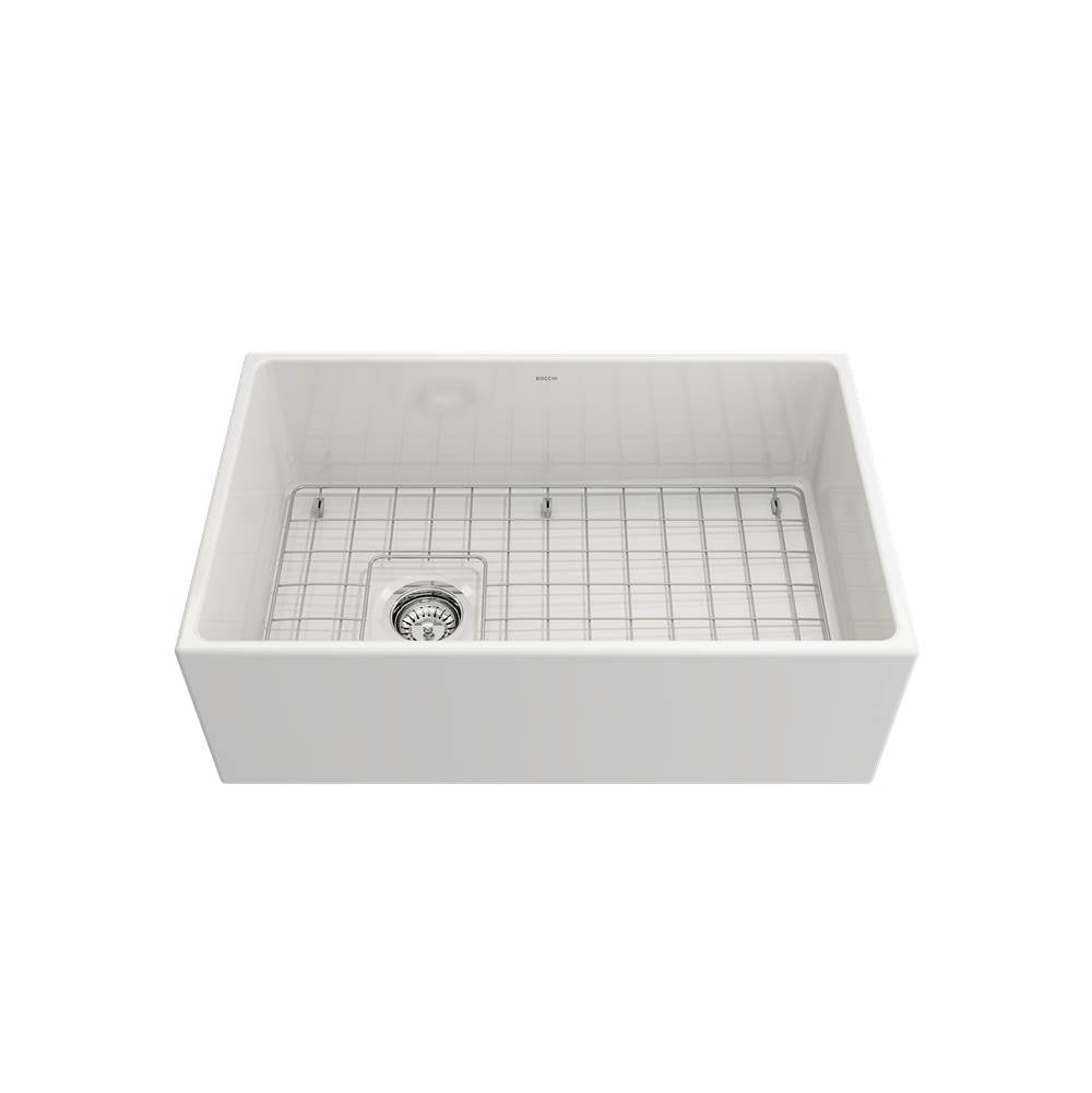 Contempo Apron Front Fireclay 30 in. Single Bowl Kitchen Sink with Protective Bottom Grid and Strainer in White