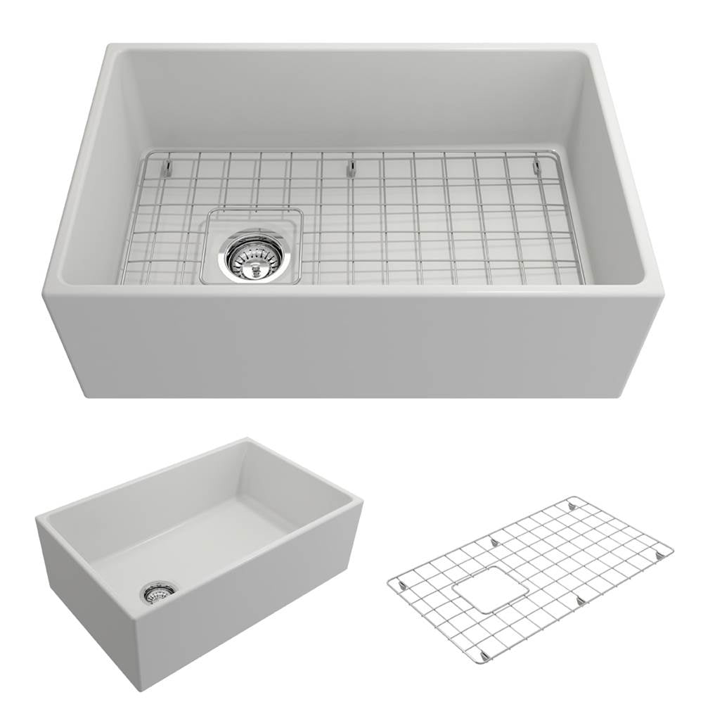 BOCCHI - Contempo Apron Front Fireclay 30 in. Single Bowl Kitchen Sink with Protective Bottom Grid and Strainer in Matte White - Matte White