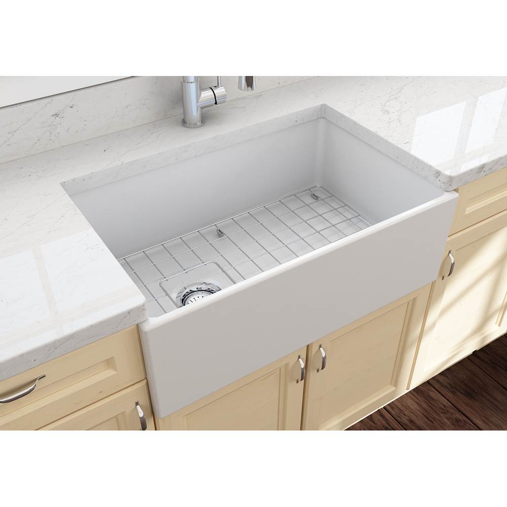 Contempo Apron Front Fireclay 30 in. Single Bowl Kitchen Sink with Protective Bottom Grid and Strainer in White