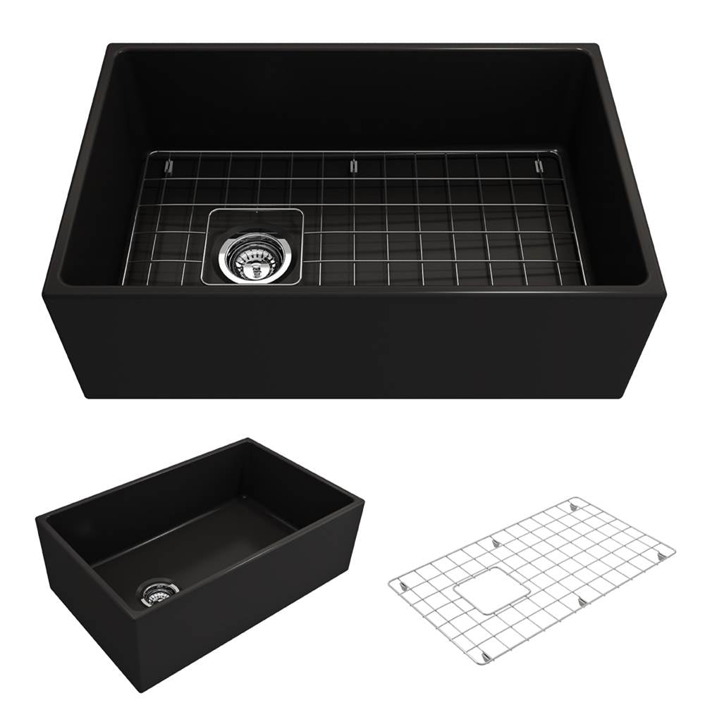 BOCCHI - Contempo Apron Front Fireclay 30 in. Single Bowl Kitchen Sink with Protective Bottom Grid and Strainer in Matte Black - Matte Black
