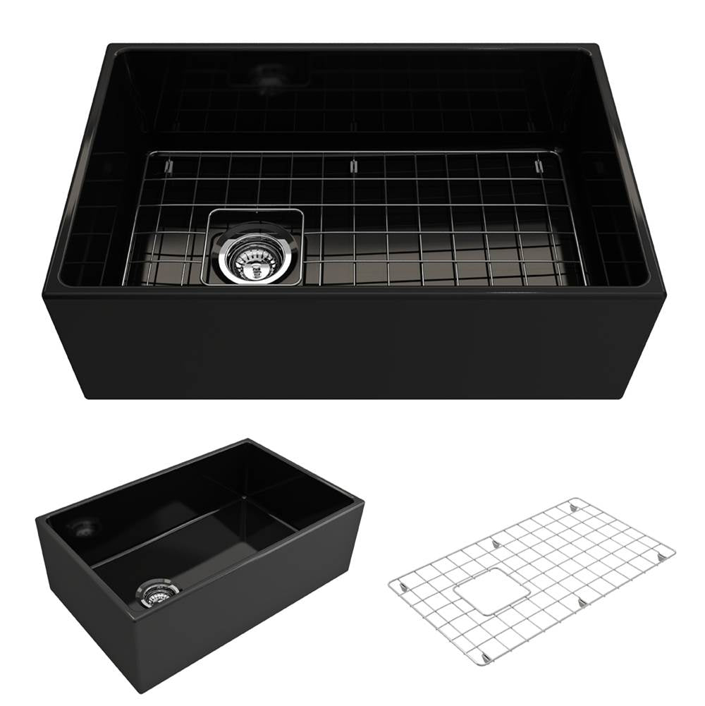 BOCCHI - Contempo Apron Front Fireclay 30 in. Single Bowl Kitchen Sink with Protective Bottom Grid and Strainer in Black - Black