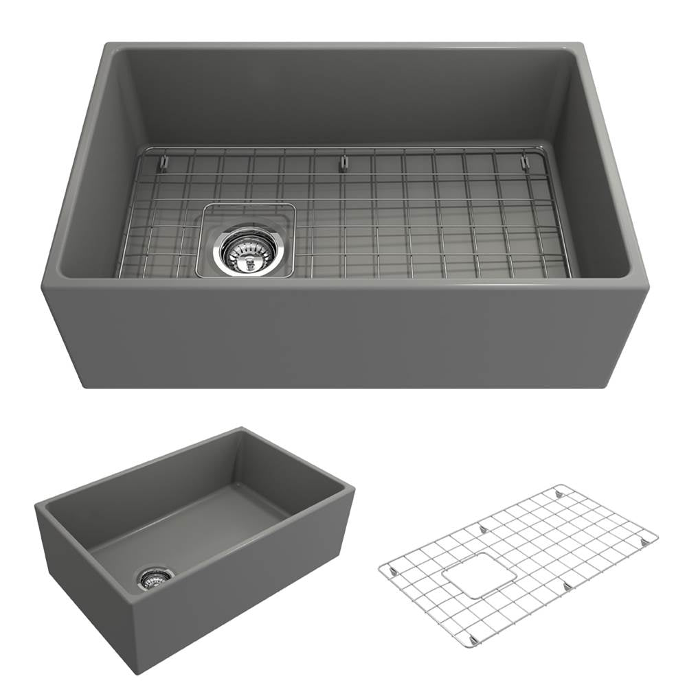 BOCCHI - Contempo Apron Front Fireclay 30 in. Single Bowl Kitchen Sink with Protective Bottom Grid and Strainer in Matte Gray - Matte Gray