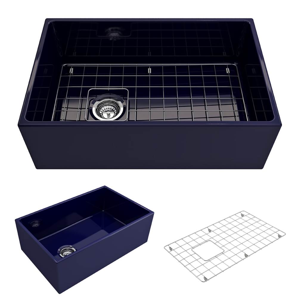 BOCCHI - Contempo Apron Front Fireclay 30 in. Single Bowl Kitchen Sink with Protective Bottom Grid and Strainer in Sapphire Blue - Sapphire Blue