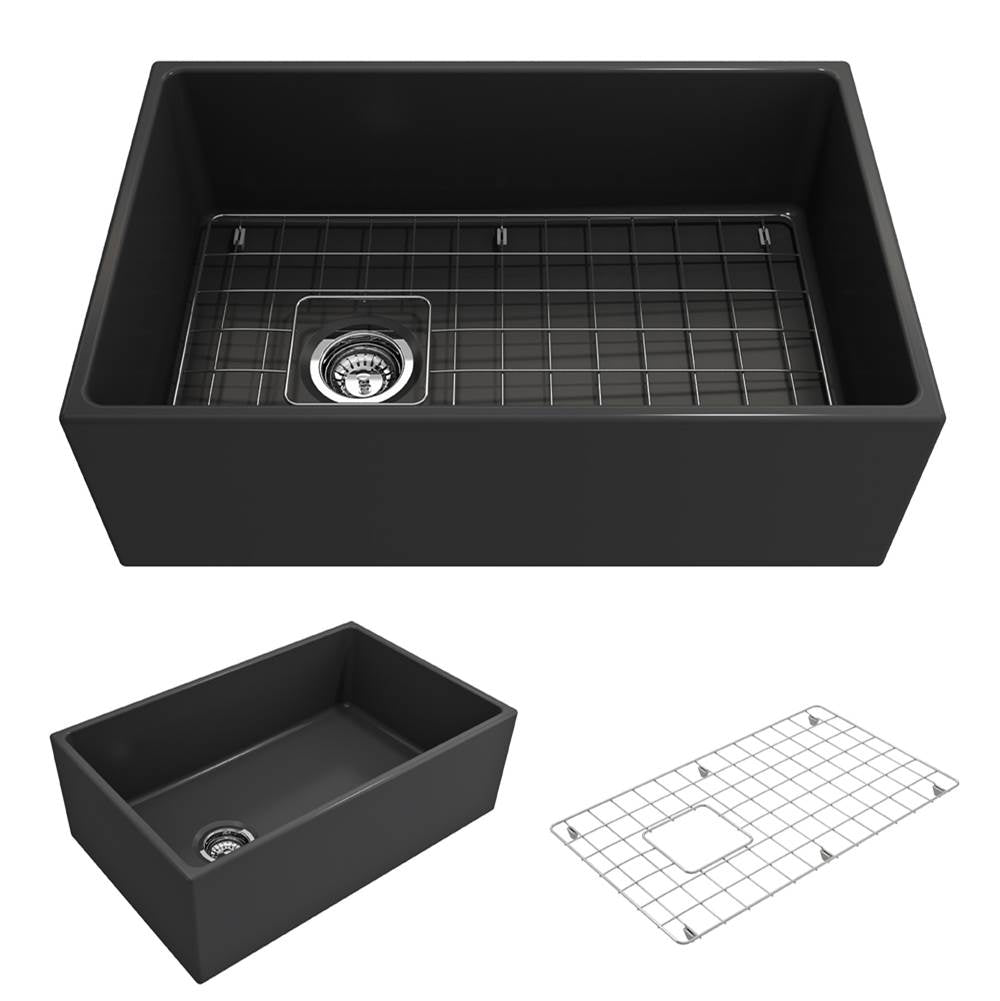 BOCCHI - Contempo Apron Front Fireclay 30 in. Single Bowl Kitchen Sink with Protective Bottom Grid and Strainer in Matte Dark Gray - Matte Dark Gray