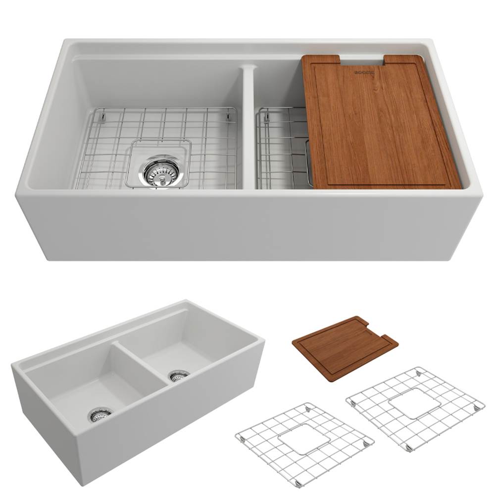 BOCCHI - Contempo Step-Rim Apron Front Fireclay 36 in. Double Bowl Kitchen Sink with Integrated Work Station & Accessories in Matte White - Matte White
