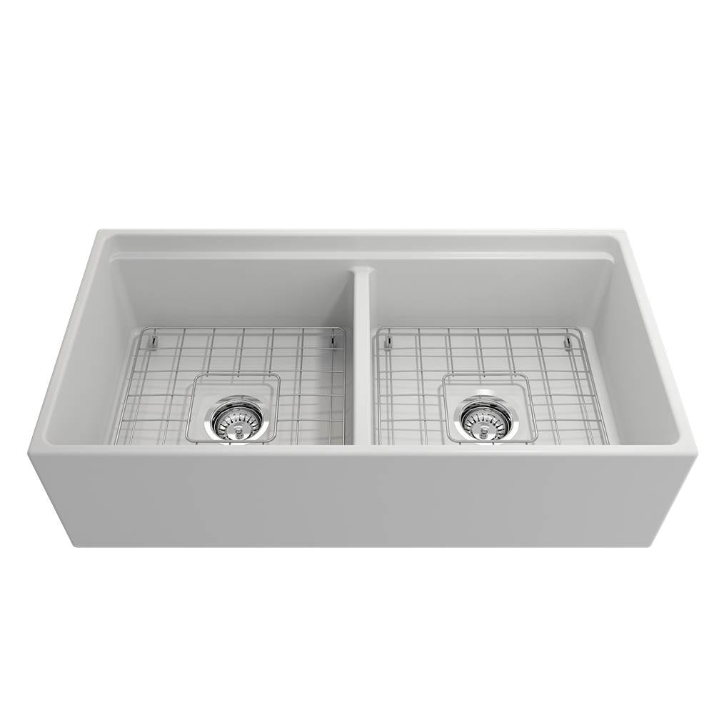 Contempo Step-Rim Apron Front Fireclay 36 in. Double Bowl Kitchen Sink with Integrated Work Station & Accessories in White