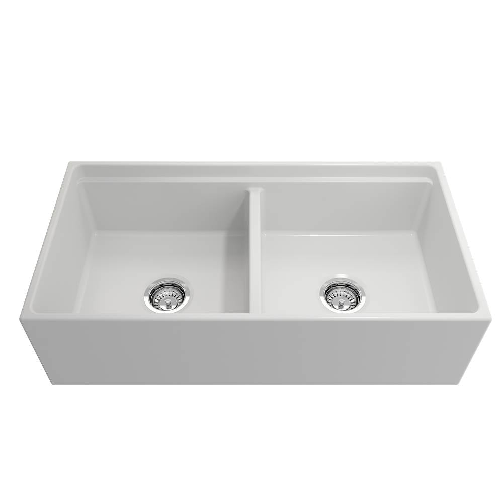 Contempo Step-Rim Apron Front Fireclay 36 in. Double Bowl Kitchen Sink with Integrated Work Station & Accessories in White